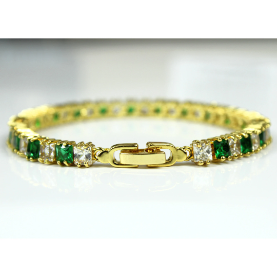 YELLOW GOLD FINISH Created Diamond Princess Cut Green Emerald Tennis Bracelet Including Gift Box