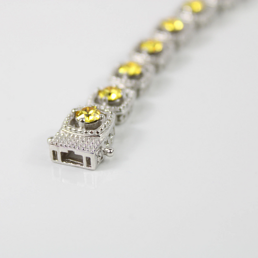 WHITE GOLD FINISH Citrine Yellow Princess Round Cut Cluster Bracelet