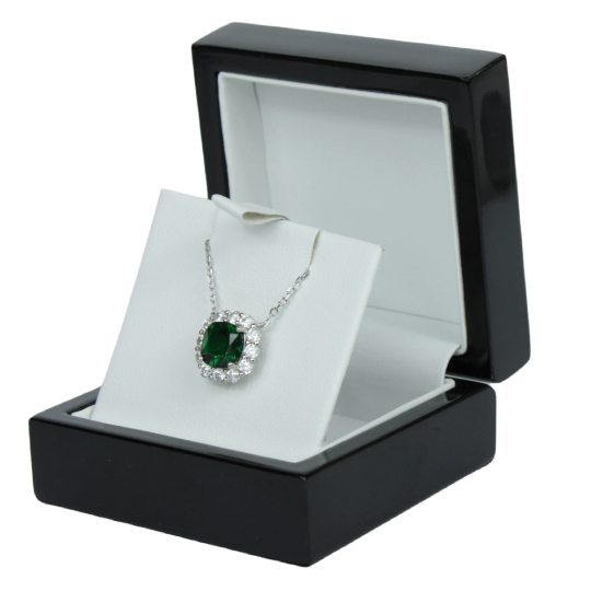 WHITE GOLD FINISH Created Diamond Green Emerald Cushion Cut Pendant Necklace