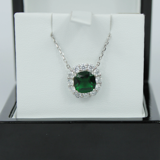 WHITE GOLD FINISH Created Diamond Green Emerald Cushion Cut Pendant Necklace