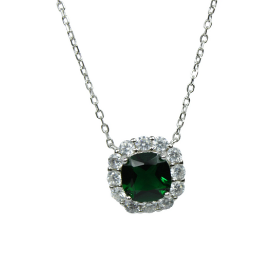 WHITE GOLD FINISH Created Diamond Green Emerald Cushion Cut Pendant Necklace