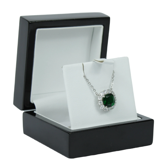 WHITE GOLD FINISH Created Diamond Green Emerald Cushion Cut Pendant Necklace