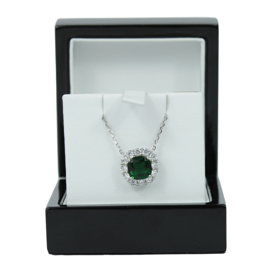 WHITE GOLD FINISH Created Diamond Green Emerald Cushion Cut Pendant Necklace