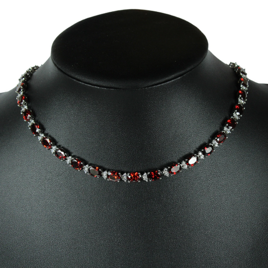 WHITE GOLD FINISH Created Diamond Oval Cut Red Ruby Necklace Including Gift Box