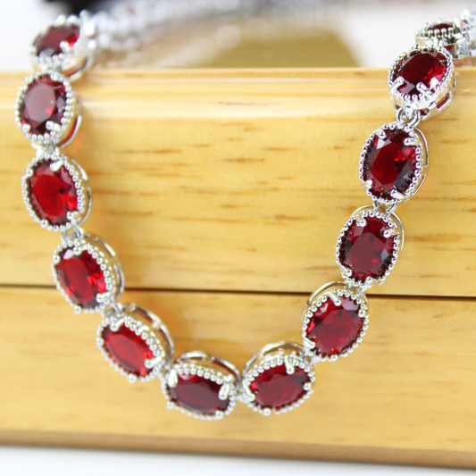 WHITE GOLD FINISH Red Ruby Oval Cut Crown Claw Necklace