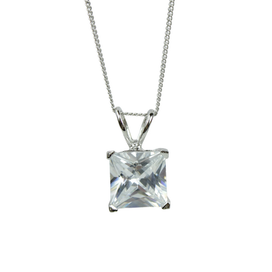 WHITE GOLD FINISH Created Diamond Square Princess Cut Pendant Necklace Including Gift Box