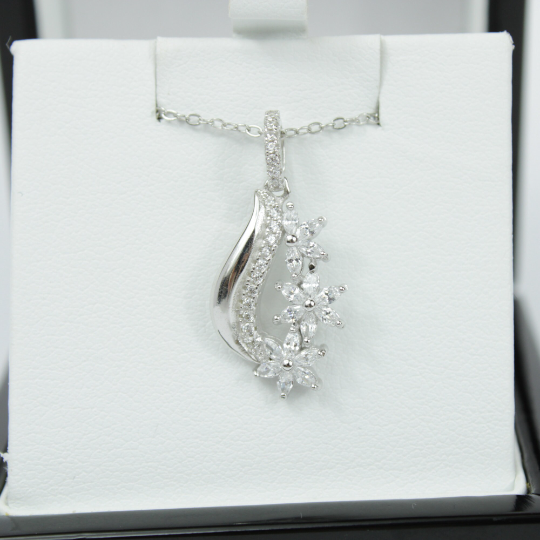 WHITE GOLD FINISH Created Diamond Classic Swirl Flower Floral Design Pendant Necklace Including Gift Box