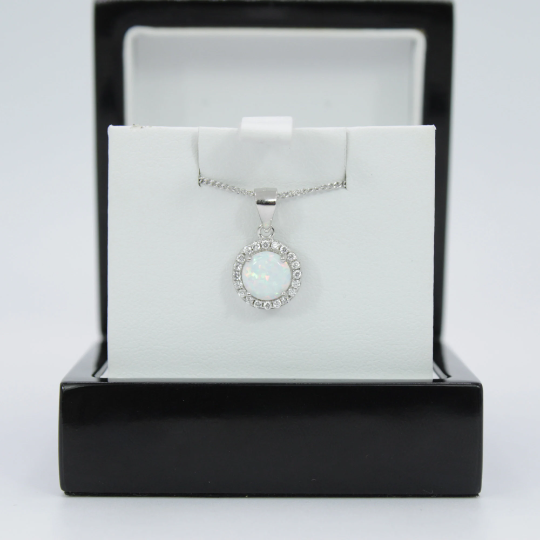 WHITE GOLD FINISH White Mystical Opal Circle Cut Pendant Necklace