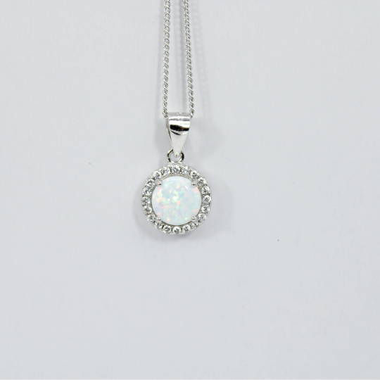 WHITE GOLD FINISH White Mystical Opal Circle Cut Pendant Necklace