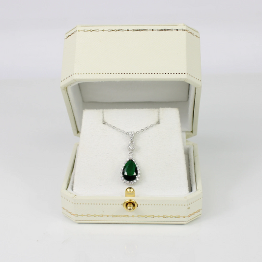 WHITE GOLD FINISH Green Emerald Pear Cut Created Diamond Pendant Necklace