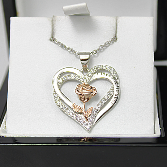 WHITE ROSE GOLD FINISH “I Love You Forever” Heart Cut Rose Design Created Diamond Pendant Necklace