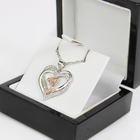 WHITE ROSE GOLD FINISH “I Love You Forever” Heart Cut Rose Design Created Diamond Pendant Necklace