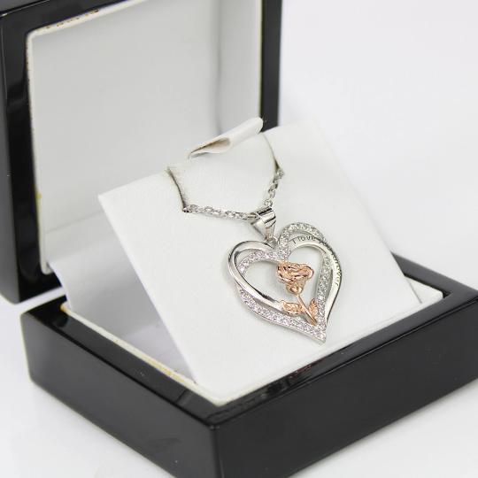 WHITE ROSE GOLD FINISH “I Love You Forever” Heart Cut Rose Design Created Diamond Pendant Necklace