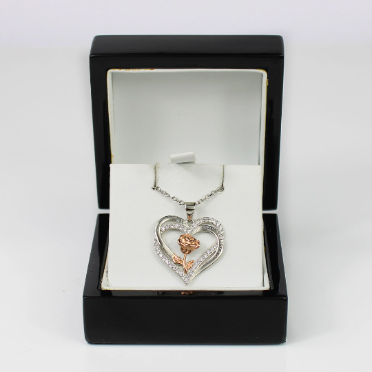 WHITE ROSE GOLD FINISH “I Love You Forever” Heart Cut Rose Design Created Diamond Pendant Necklace