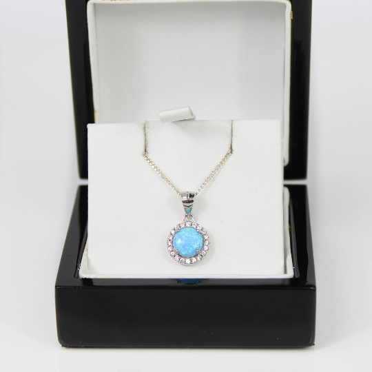 WHITE GOLD FINISH Blue Opal Round Cut Created Diamond Pendant Necklace