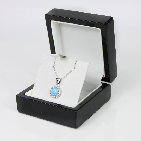 WHITE GOLD FINISH Blue Opal Round Cut Created Diamond Pendant Necklace