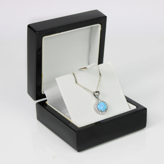 WHITE GOLD FINISH Blue Opal Round Cut Created Diamond Pendant Necklace