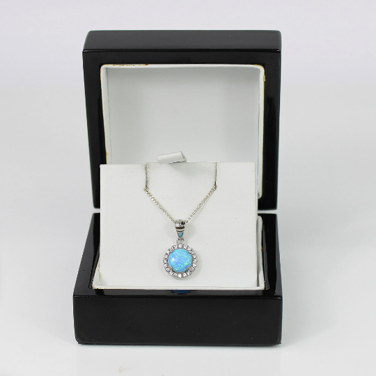 WHITE GOLD FINISH Blue Opal Round Cut Created Diamond Pendant Necklace