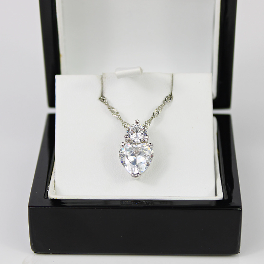 WHITE GOLD FINISH Clear Heart Cut Created Diamond Pendant Necklace