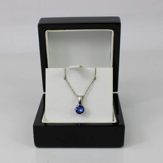 White Gold Plated Blue Sapphire Pendant Necklace | Round Cut 6-Claw Created Diamond Jewellery