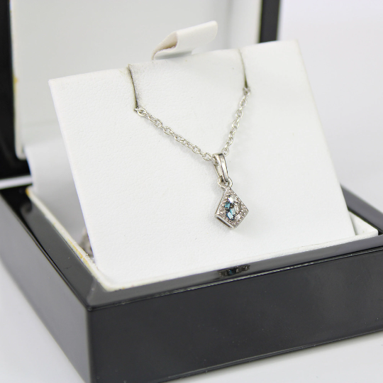 WHITE GOLD FINISH Upside-Down Kite Shape Half Blue Sapphire Created Diamond Necklace