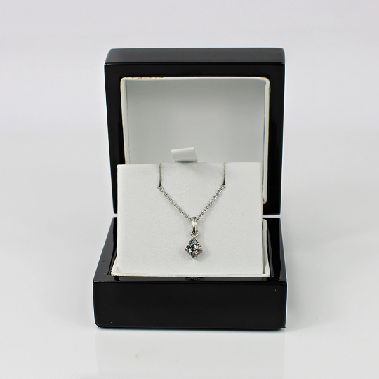 WHITE GOLD FINISH Upside-Down Kite Shape Half Blue Sapphire Created Diamond Necklace