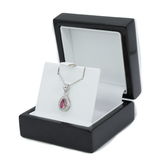 WHITE GOLD FINISH Created Diamond And Pink Tourmaline Pear Cut Pendant Necklace