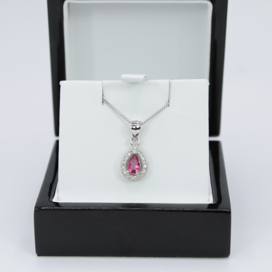 WHITE GOLD FINISH Created Diamond And Pink Tourmaline Pear Cut Pendant Necklace