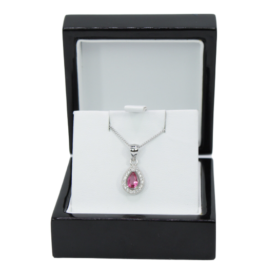 WHITE GOLD FINISH Created Diamond And Pink Tourmaline Pear Cut Pendant Necklace