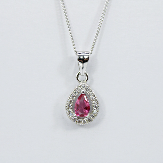 WHITE GOLD FINISH Created Diamond And Pink Tourmaline Pear Cut Pendant Necklace