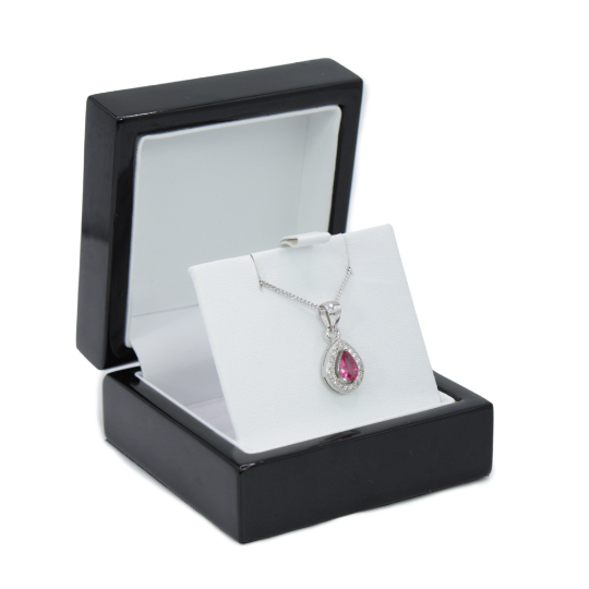 WHITE GOLD FINISH Created Diamond And Pink Tourmaline Pear Cut Pendant Necklace