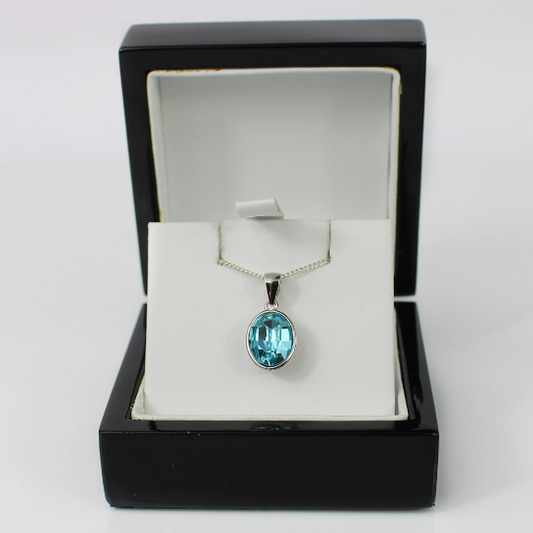 WHITE GOLD FINISH Blue Topaz Oval Cut Created Diamond Pendant Necklace