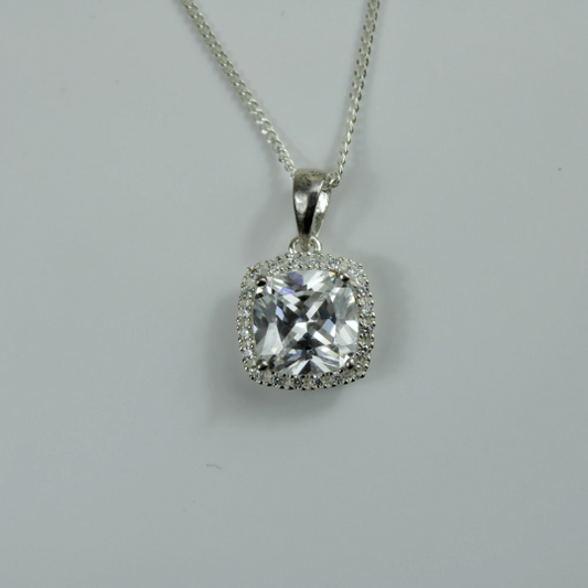 WHITE GOLD FINISH Created Diamond Square Cut 4 Four Claw Pendant Necklace Including Gift Box