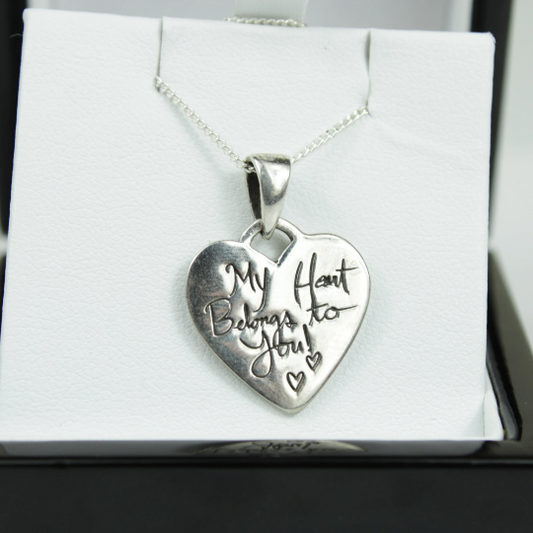 WHITE GOLD FINISH “My heart belongs to you” Heart Shaped Pendant Necklace Including Gift Box