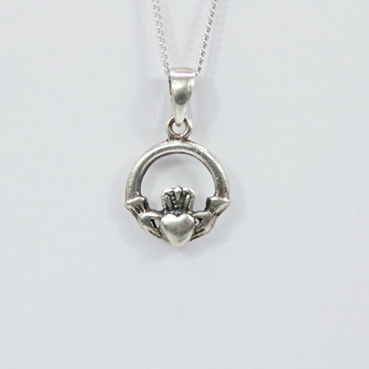 WHITE GOLD FINISH Small Heart Hand Circle Pendant Necklace
