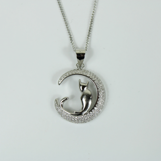 WHITE GOLD FINISH Created Diamond ‘Cat In The Moon’ Pendant Necklace Including Gift Box