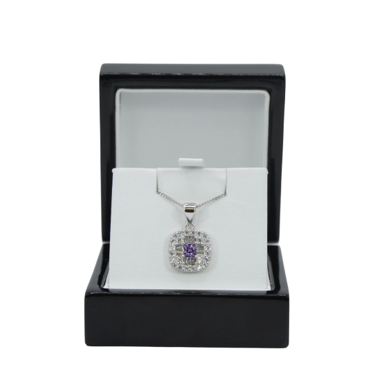 WHITE GOLD FINISH Created Diamond And Purple Cluster Cushion Cut Pendant Necklace