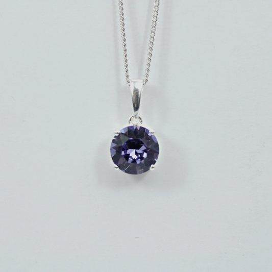 WHITE GOLD FINISH Purple Amethyst Round Cut 4 Claw Solitaire Pendant Necklace