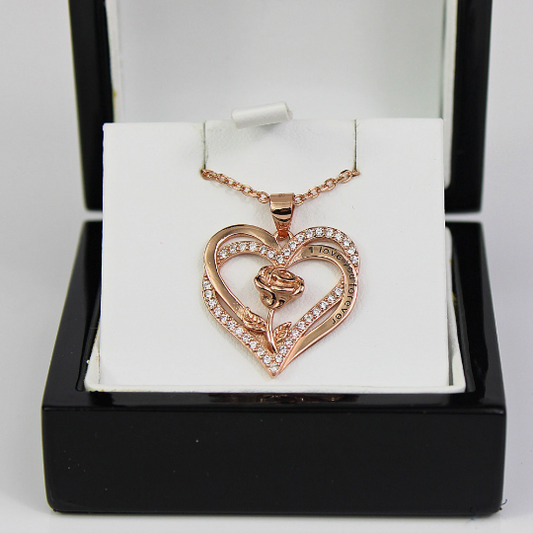 ROSE GOLD FINISH Double Heart Rose “I love you forever” Created Diamond Pendant Necklace