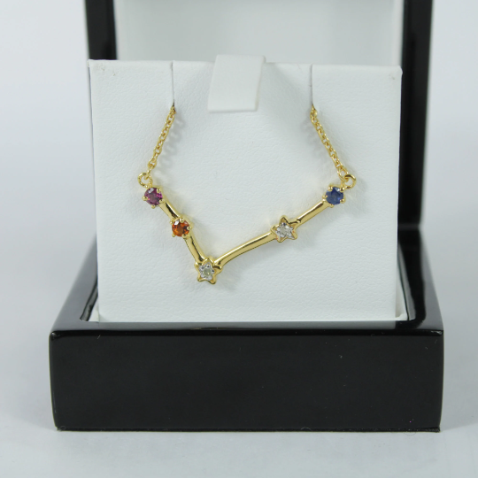 YELLOW GOLD FINISH Natural Diamond, Orange Citrine, Pink Sapphire And Blue Sapphire Star Constellation Necklace Pendant