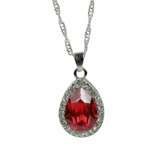 WHITE GOLD FINISH Created Diamond Red Ruby Pear Cut Pendant Necklace Including Gift Box