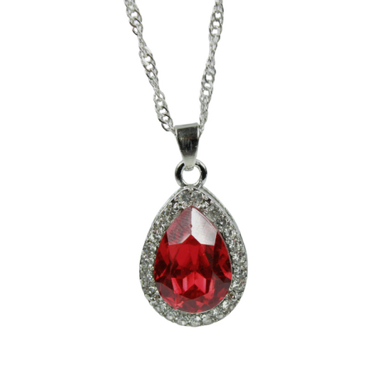 WHITE GOLD FINISH Created Diamond Red Ruby Pear Cut Pendant Necklace Including Gift Box