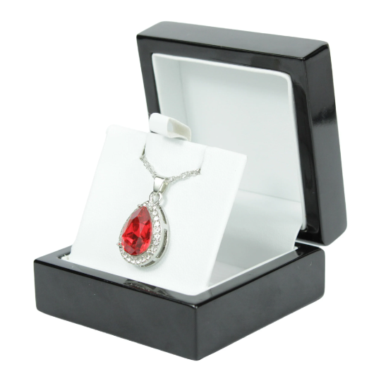 WHITE GOLD FINISH Created Diamond Red Ruby Pear Cut Pendant Necklace Including Gift Box