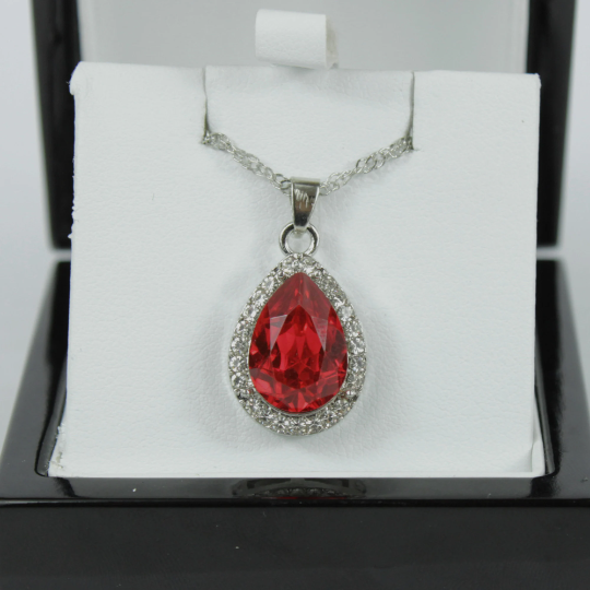 WHITE GOLD FINISH Created Diamond Red Ruby Pear Cut Pendant Necklace Including Gift Box