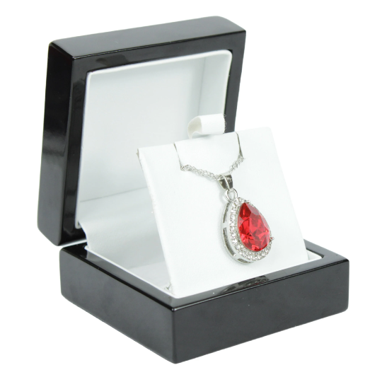 WHITE GOLD FINISH Created Diamond Red Ruby Pear Cut Pendant Necklace Including Gift Box