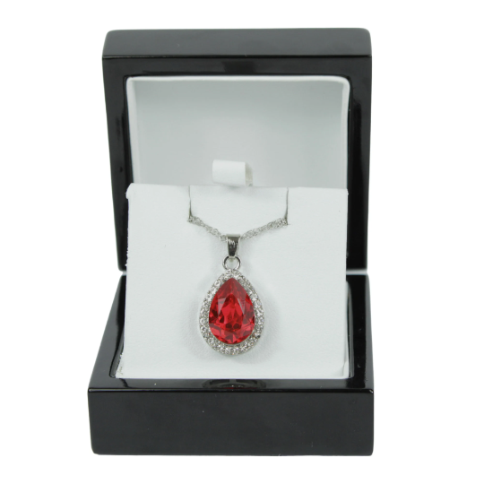 WHITE GOLD FINISH Created Diamond Red Ruby Pear Cut Pendant Necklace Including Gift Box