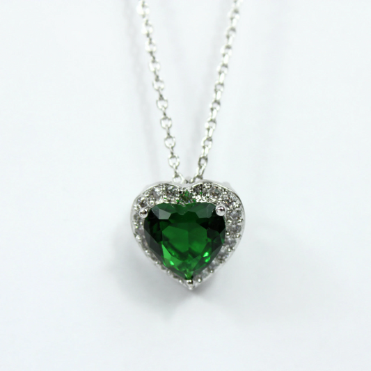 WHITE GOLD FINISH Created Diamond Green Emerald Heart Cut Pendant Necklace Including Gift Box