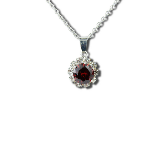 WHITE GOLD FINISH Red Garnet Round Cut Cluster Created Diamond Necklace