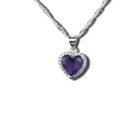 WHITE GOLD FINISH Purple Amethyst Created Diamond Heart Cut Classic Pendant Necklace