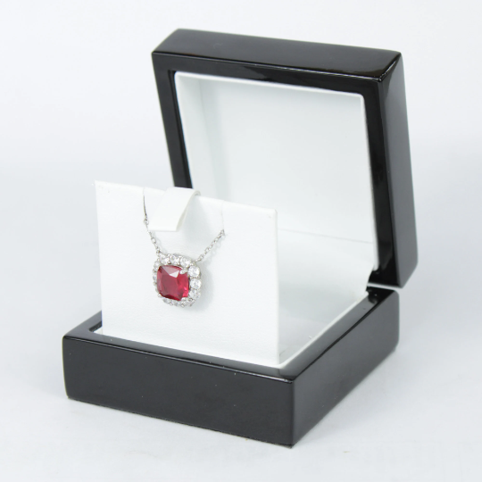 White gold finish Cushion Cut red Ruby & created diamond Pendant necklace